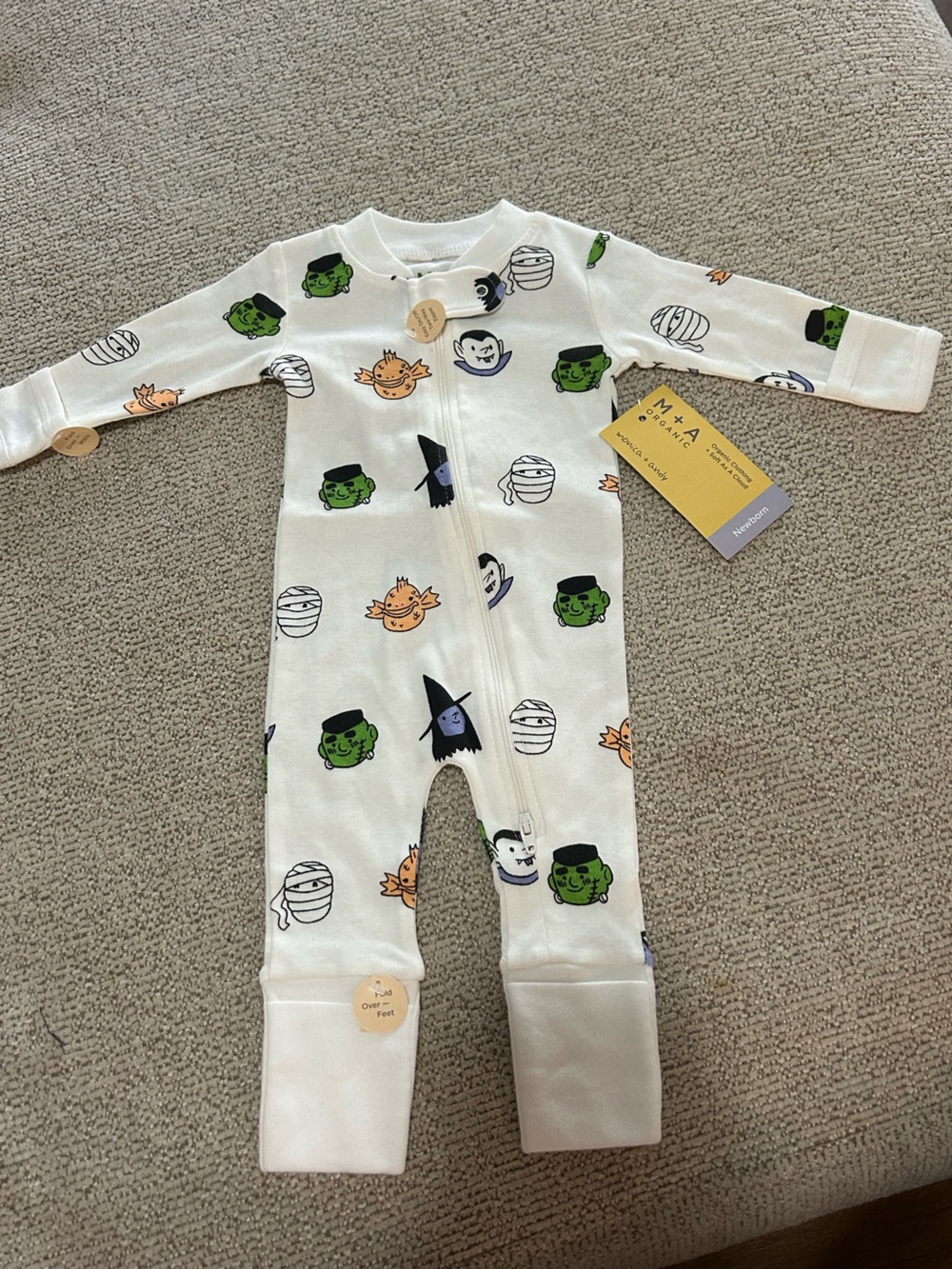 M+A Baby White Halloween Character Zip One-Piece NB NWT